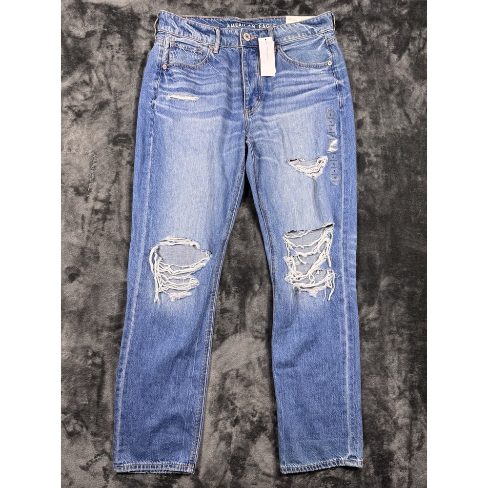 NWT American Eagle Tomgirl Jeans Women's 6 28W Aged Blue Distressed Button Fly